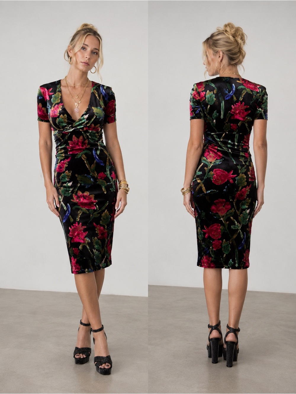 Zara Trafaluc Black Floral Fitted Stretch Dress V Neck Size S